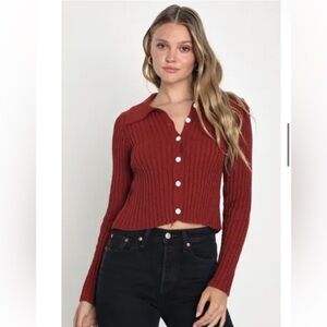 Daily Charisma Rust Red Button-Up Long Sleeve Cardigan Sweater